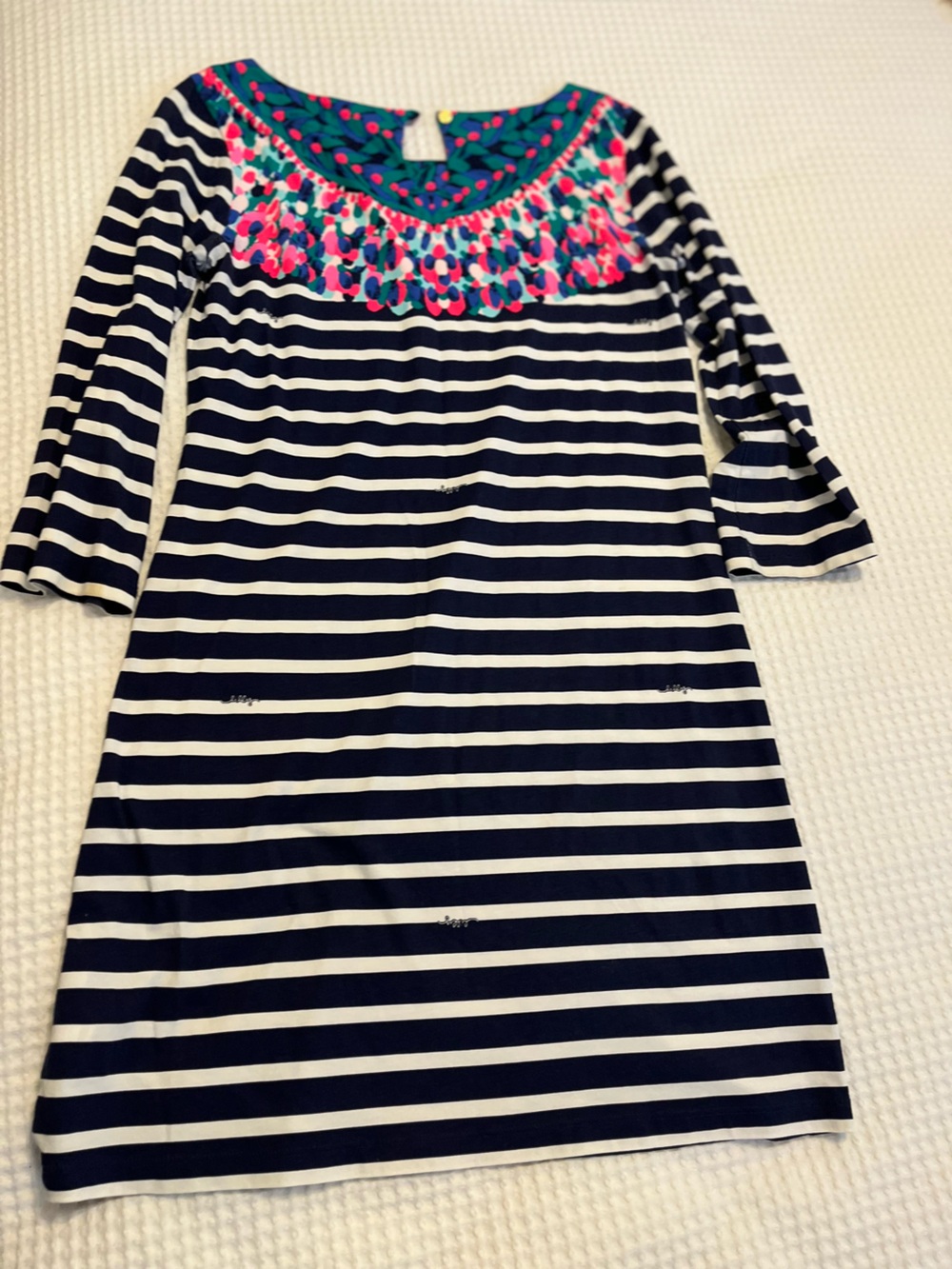 Lilly Pulitzer Navy and White Striped Dress with Pink Teal Embroidered Yoke